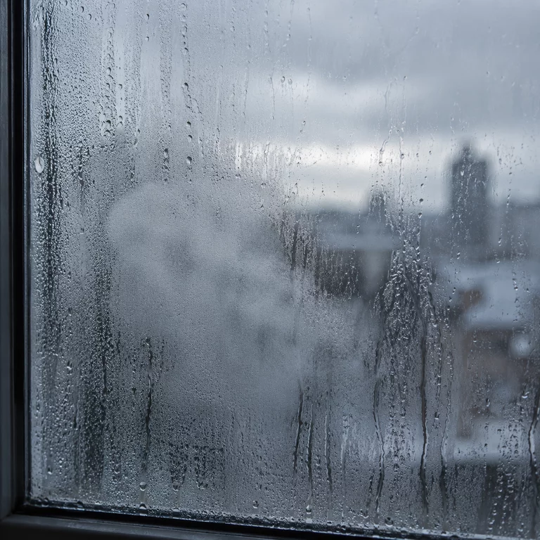 Beschlagene Fensterscheibe im Morgenlicht