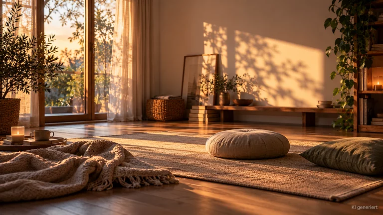 Raum mit Sonnenstrahlen, Sitzpolster und Decke