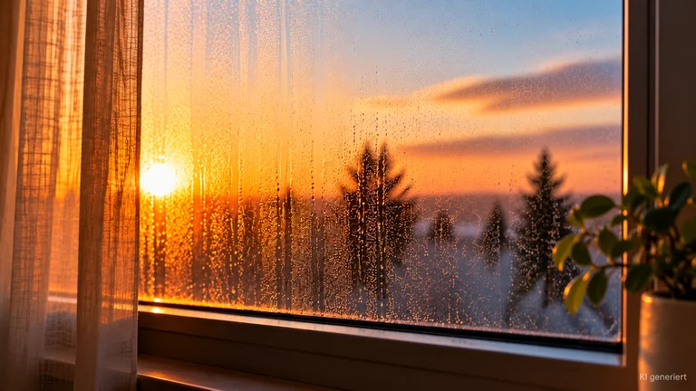 Beschlagenes Fenster bei Sonnenaufgang